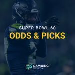 Seattle Seahawks quarterback pointing on the field with “Super Bowl 60 Odds & Picks” text overlay and GamblingSites.com branding.