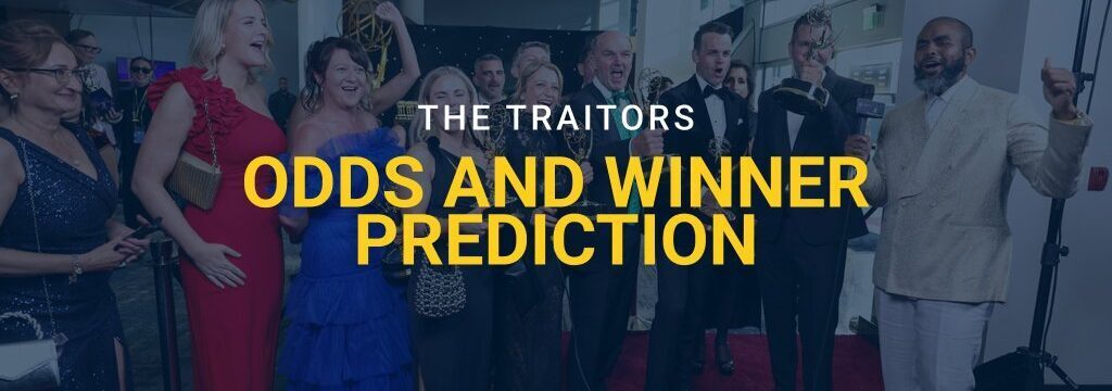 Cast members celebrating on the red carpet at an awards event, with “The Traitors Odds and Winner Prediction” text overlay and GamblingSites.com branding.
