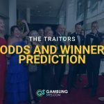 Cast members celebrating on the red carpet at an awards event, with “The Traitors Odds and Winner Prediction” text overlay and GamblingSites.com branding.