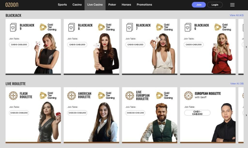 Ozoon Live Dealer Page Screenshot