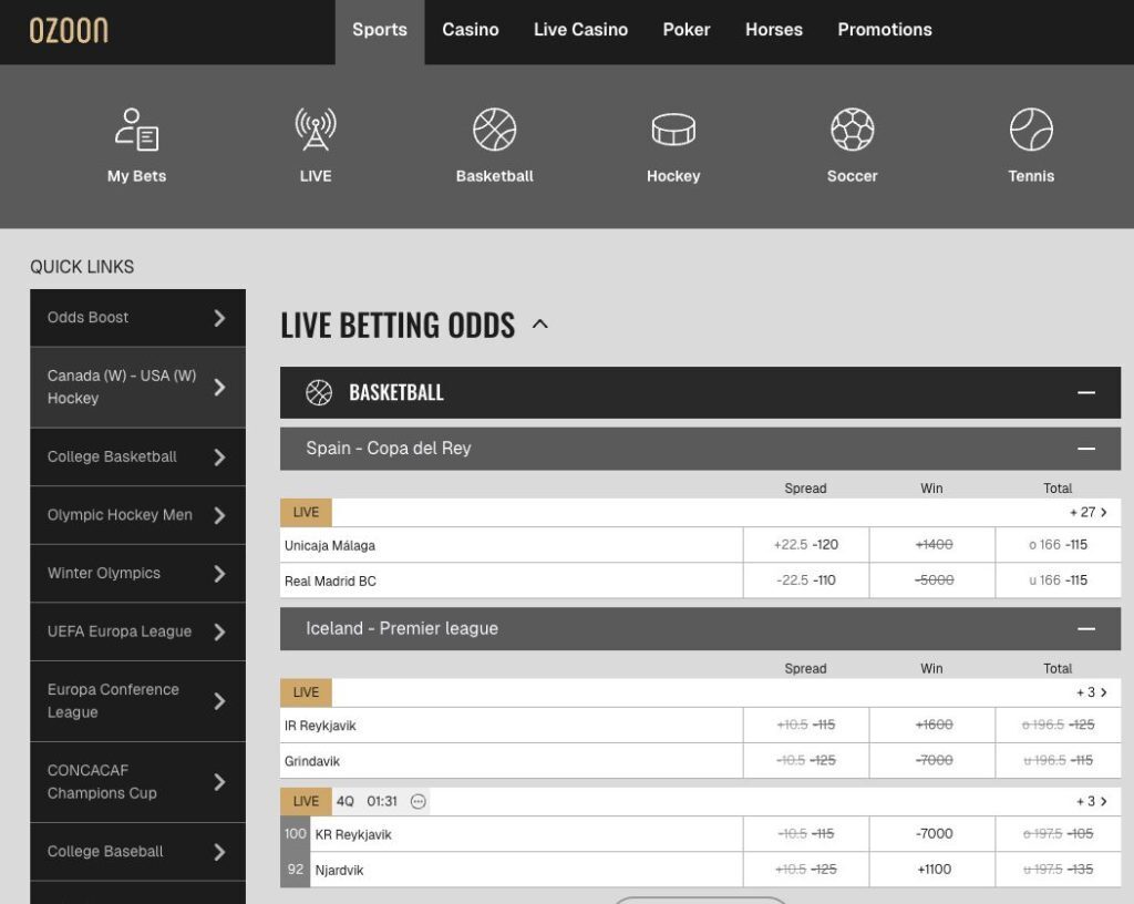 Ozoon Sportsbook Page Screenshot