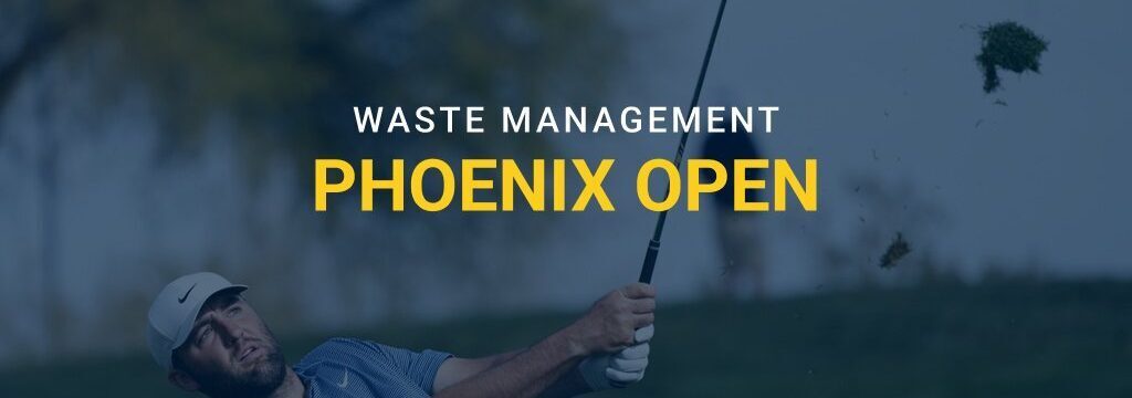 Golfer hitting an approach shot with Waste Management Phoenix Open text overlay and GamblingSites.com branding