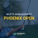 Golfer hitting an approach shot with Waste Management Phoenix Open text overlay and GamblingSites.com branding