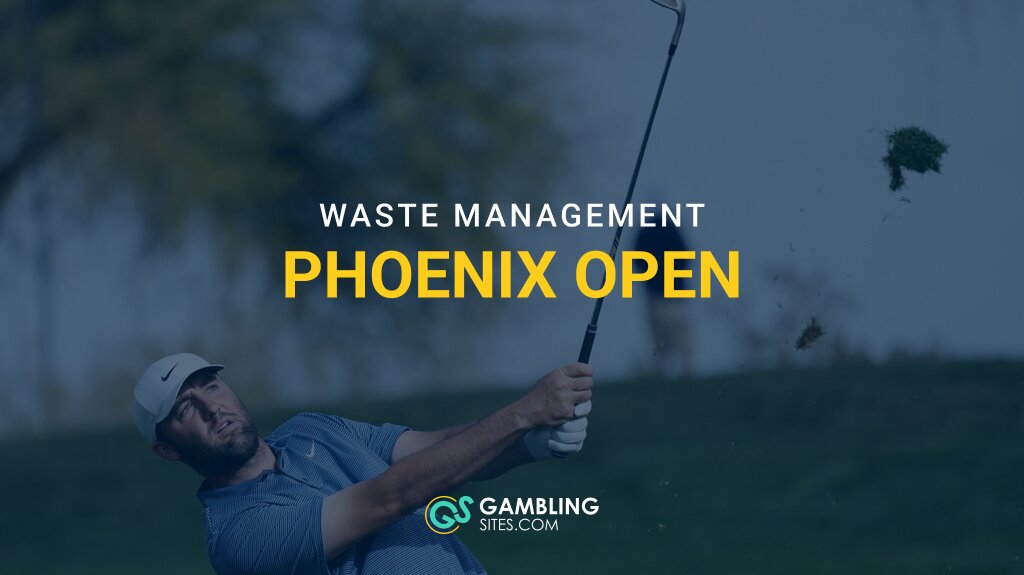 Golfer hitting an approach shot with Waste Management Phoenix Open text overlay and GamblingSites.com branding