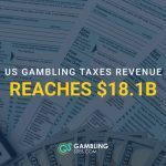 US tax forms, calculator, and cash with overlay text “US Gambling Taxes Revenue Reaches $18.1B” and GamblingSites.com logo.