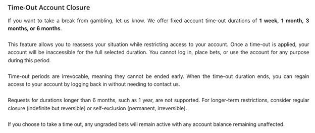 Example of message shown to player if they are considering a "time-out account closure", which is a responsible gambling feature offered by some online casinos.