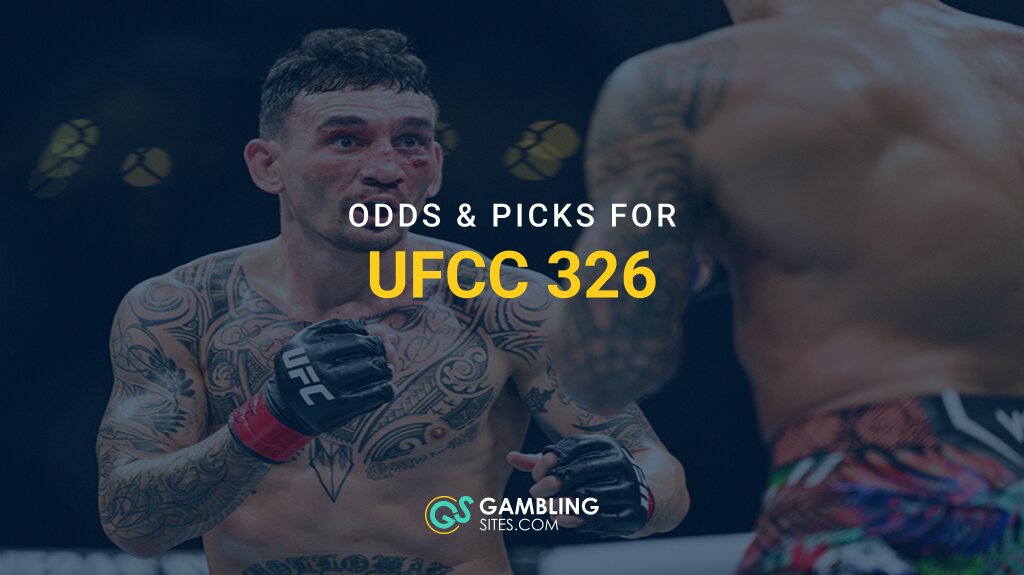 UFC fighter throwing a punch during a match with text overlay reading “Odds & Picks for UFC 326” and GamblingSites.com logo.