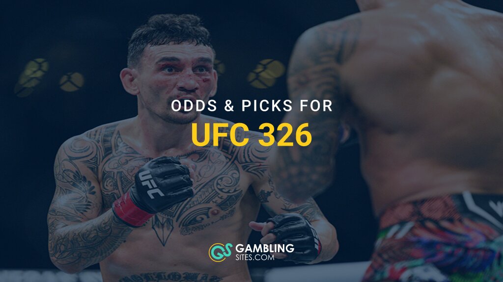 UFC fighter throwing a punch during a match with text overlay reading “Odds & Picks for UFC 326” and GamblingSites.com logo.