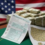 Stacks of cash and poker chips on a casino table with a U.S. flag in the background, alongside a 1040 tax form and a map of the United States, symbolizing gambling taxes in America.