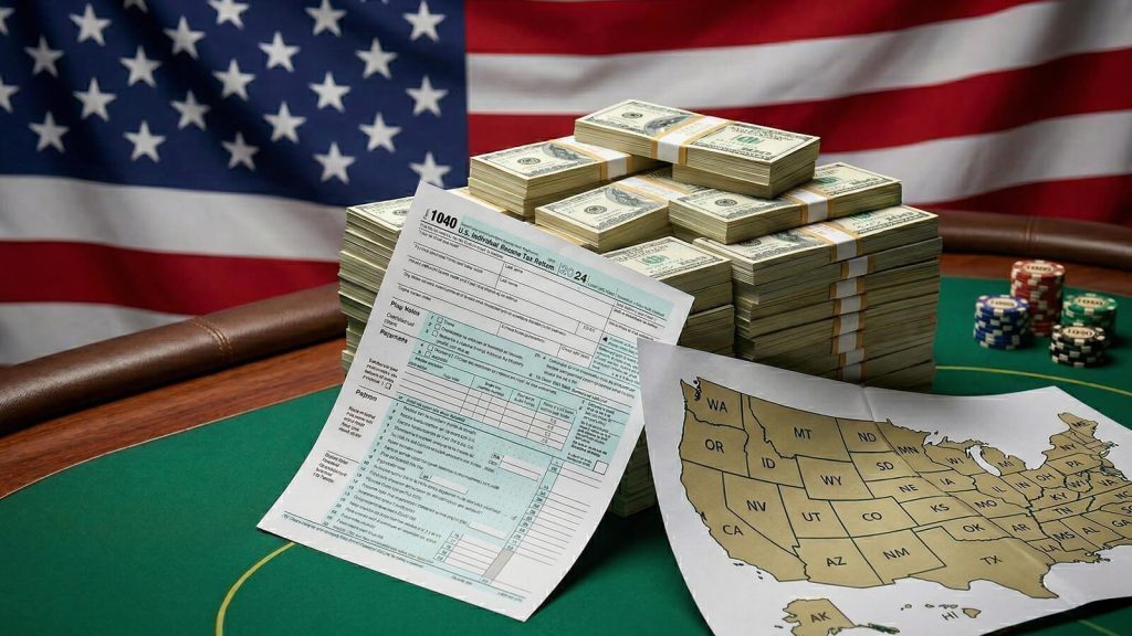 Stacks of cash and poker chips on a casino table with a U.S. flag in the background, alongside a 1040 tax form and a map of the United States, symbolizing gambling taxes in America.