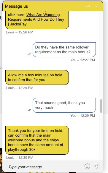 a conversation with a support agent from Jack Pay Casino