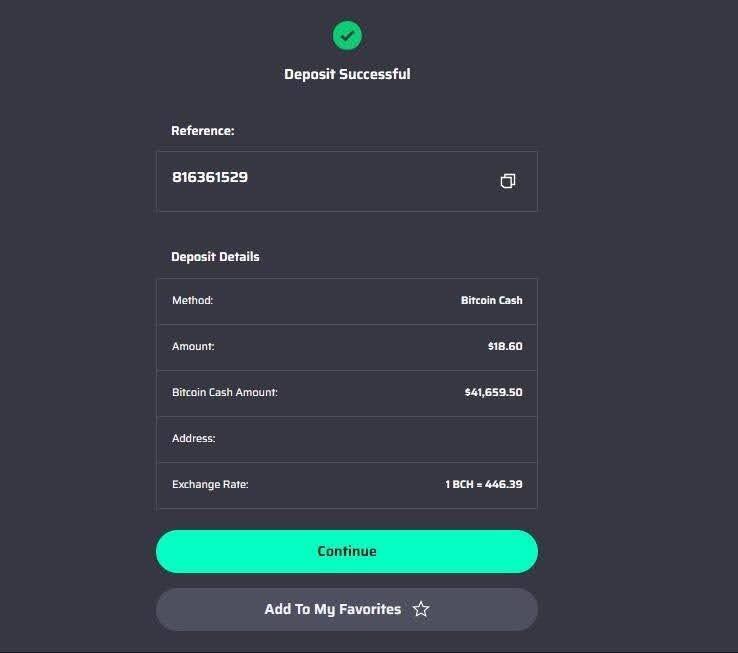 Deposit confirmation screen showing “Deposit Successful,” reference number, Bitcoin Cash payment details, amount, exchange rate, and a green Continue button.
