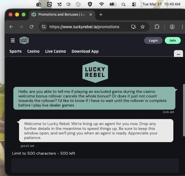 a conversation between user and support chat on lucky rebel