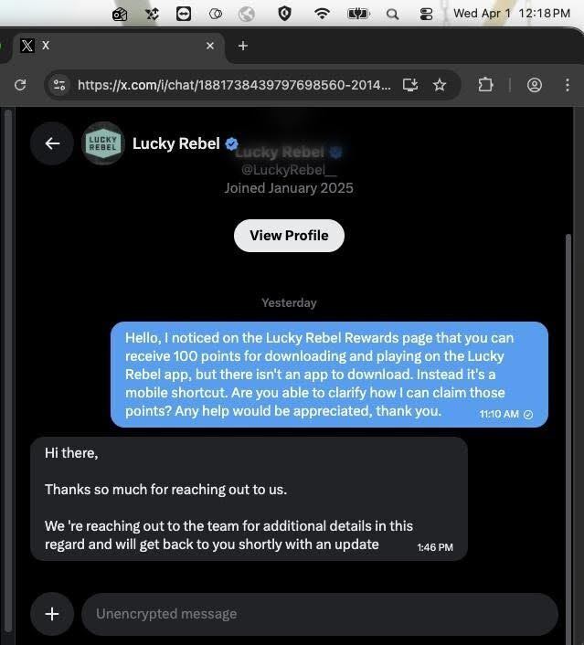a conversation between user and support chat on lucky rebel