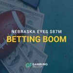 Nebraska sports betting graphic with football on US dollar bills and text reading “Nebraska Eyes $87M Betting Boom” with GamblingSites.com logo
