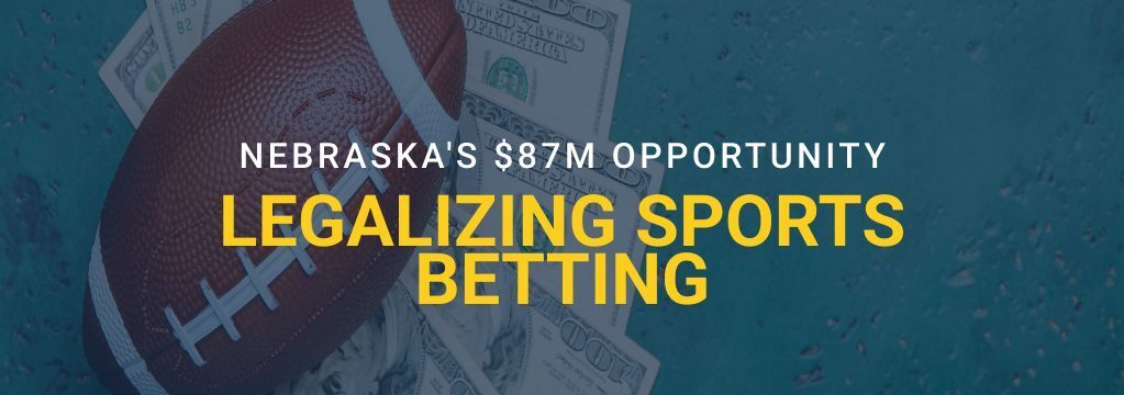 Nebraska sports betting graphic with football on US dollar bills and text reading “Nebraska's $87M Opportunity Legalizing Sports Betting” with GamblingSites.com logo