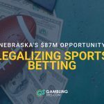 Nebraska sports betting graphic with football on US dollar bills and text reading “Nebraska's $87M Opportunity Legalizing Sports Betting” with GamblingSites.com logo