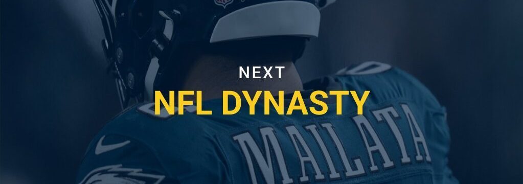 NFL player in a Philadelphia Eagles jersey with the name “Mailata” on the back, overlaid with text reading “Next NFL Dynasty” and GamblingSites.com branding.