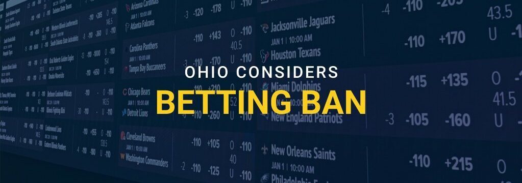 Sports betting odds board background with text “Ohio Considers Betting Ban” and GamblingSites.com branding