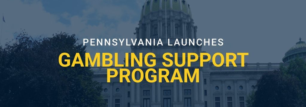 Pennsylvania State Capitol building with text overlay reading “Pennsylvania Supports Problem Gambling” and GamblingSites.com logo.