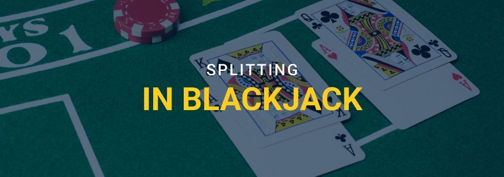 Blackjack table with split hands showing pairs of cards and casino chips, with text overlay “Splitting in Blackjack” and GamblingSites.com logo