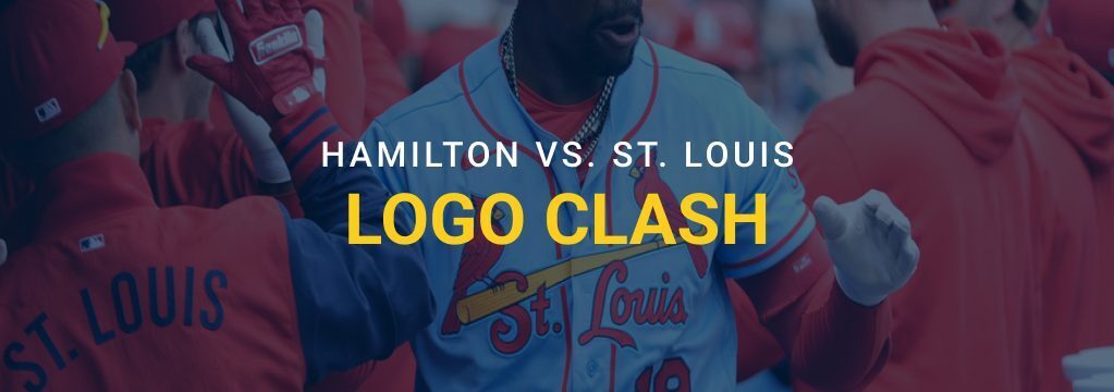 St. Louis Cardinals players celebrating on the field with overlay text reading “Hamilton vs. St. Louis Logo Clash” and GamblingSites.com branding.