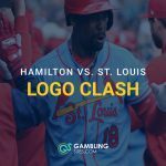 St. Louis Cardinals players celebrating on the field with overlay text reading “Hamilton vs. St. Louis Logo Clash” and GamblingSites.com branding.
