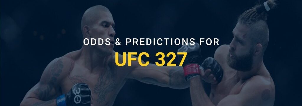 Two UFC fighters exchanging punches in a match with text “Odds & Predictions for UFC 327” and GamblingSites.com branding