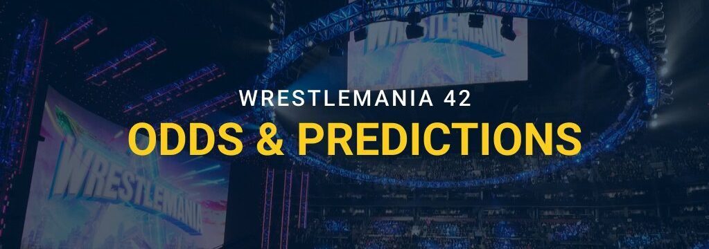 WrestleMania 42 odds and predictions banner with arena crowd and stage lighting