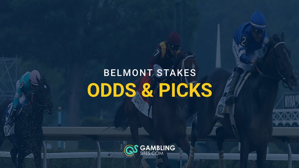 Belmont Stakes odds and picks graphic featuring racehorses and jockeys on a dark blue racetrack background.