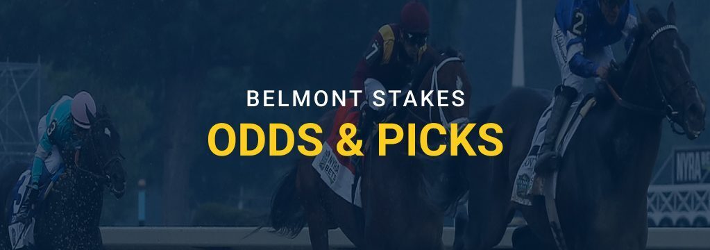 Belmont Stakes odds and picks graphic featuring racehorses and jockeys on a dark blue racetrack background.
