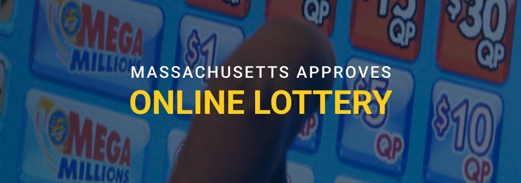 Finger tapping an online lottery screen with headline text announcing Massachusetts has approved online lottery games.