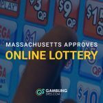 Finger tapping an online lottery screen with headline text announcing Massachusetts has approved online lottery games.