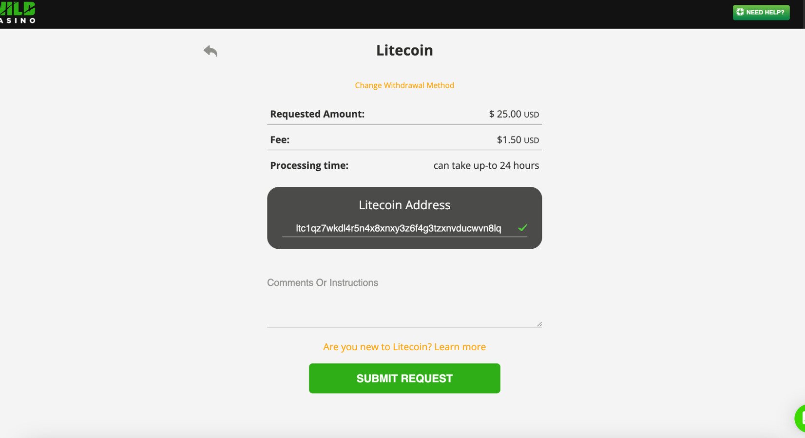 Submitting Wild Casino Withdraw request