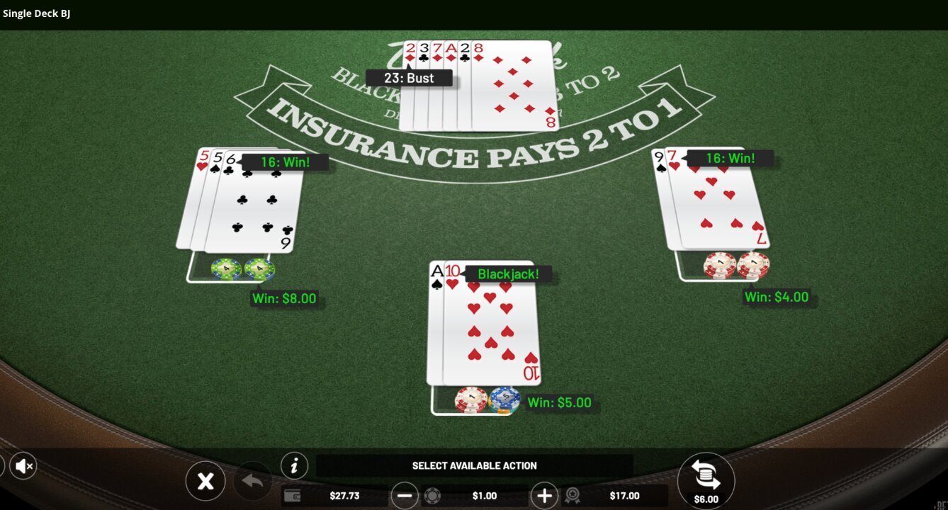 Wild Casino hand of single deck blackjack step 2