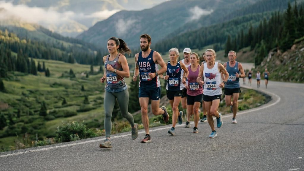 Group of marathon runners wearing race bibs jogging along a mountain road, with forested hills and misty peaks in the background.