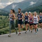 Group of marathon runners wearing race bibs jogging along a mountain road, with forested hills and misty peaks in the background.