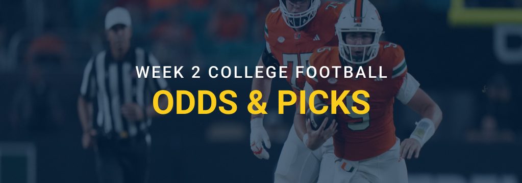 Miami Hurricanes football players on the field with text reading “Week 2 College Football Odds & Picks.”