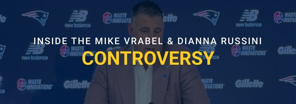 Feature image showing Mike Vrabel speaking at a New England Patriots press conference with the headline “Inside the Mike Vrabel & Dianna Russini Controversy.”