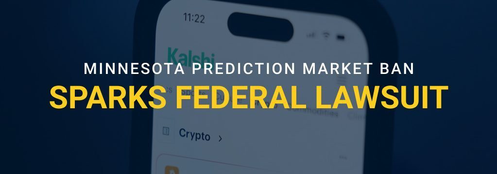 Smartphone screen showing a prediction market app with headline text reading “Minnesota Prediction Market Ban Sparks Federal Lawsuit.”