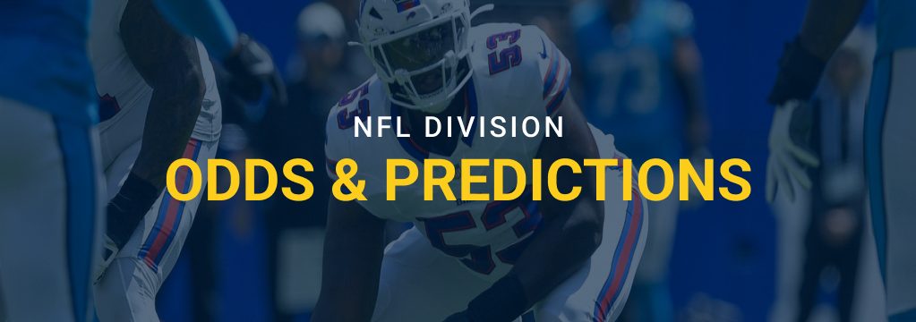 Buffalo Bills defender lines up on the field with text reading “NFL Division Odds & Predictions.”