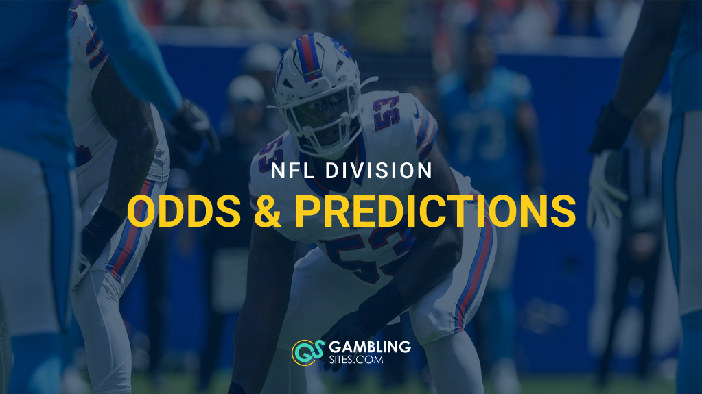 Buffalo Bills defender lines up on the field with text reading “NFL Division Odds & Predictions.”