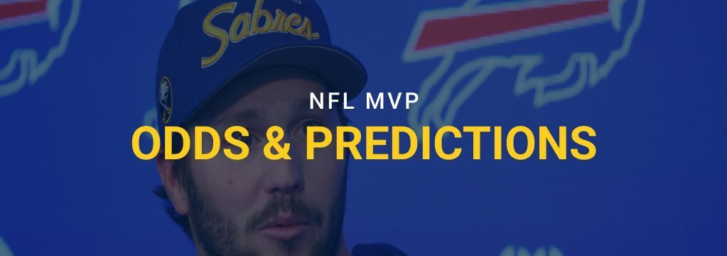 NFL MVP odds and predictions graphic featuring a Buffalo football player at a press conference with team logos in the background.