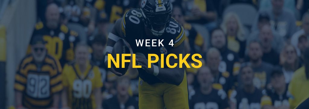 Pittsburgh Steelers player carrying a football with “Week 4 NFL Picks” text and the GamblingSites.com logo.