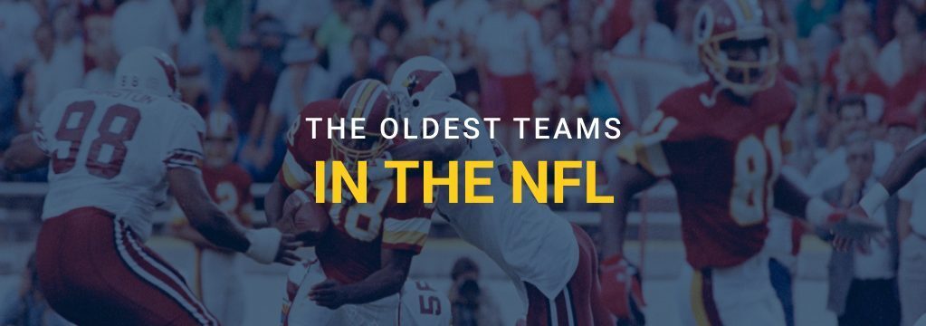 American football players in action during a game, with overlay text reading “The Oldest Teams in the NFL” and GamblingSites.com branding.