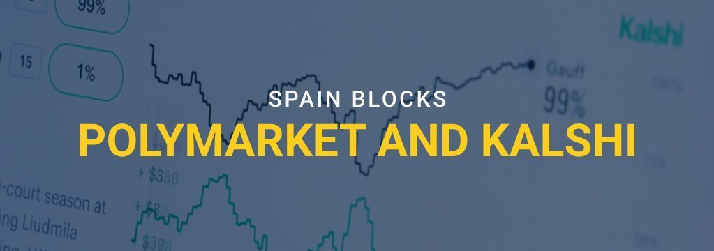 Graphic showing the headline “Spain Blocks Polymarket and Kalshi” over a blurred prediction market odds chart background with the GamblingSites.com logo.