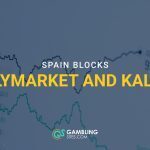 Graphic showing the headline “Spain Blocks Polymarket and Kalshi” over a blurred prediction market odds chart background with the GamblingSites.com logo.