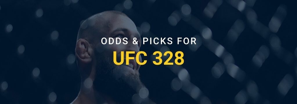 Banner image with text “Odds & Picks for UFC 328” over a close-up of a bearded MMA fighter inside the octagon, with a blurred cage background and GamblingSites.com branding at the bottom.