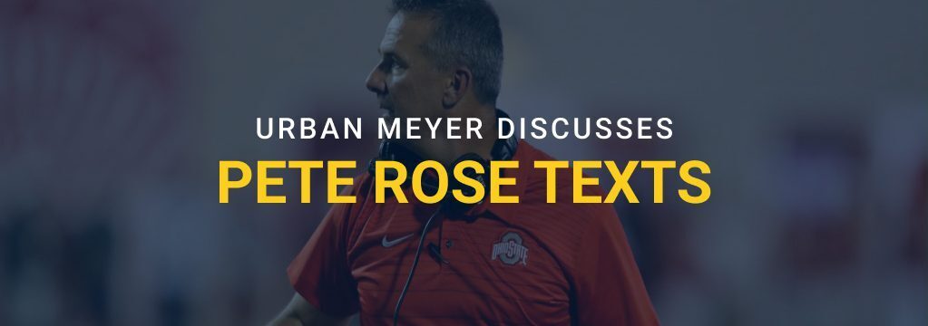 Feature image showing Urban Meyer on an Ohio State football field with the headline “Urban Meyer Discusses Pete Rose Texts” displayed across the image.