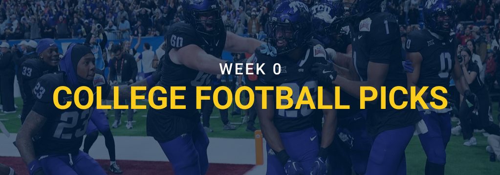 TCU running back Jeremy Payne celebrates with teammates beneath text reading "Week 0 College Football Picks".